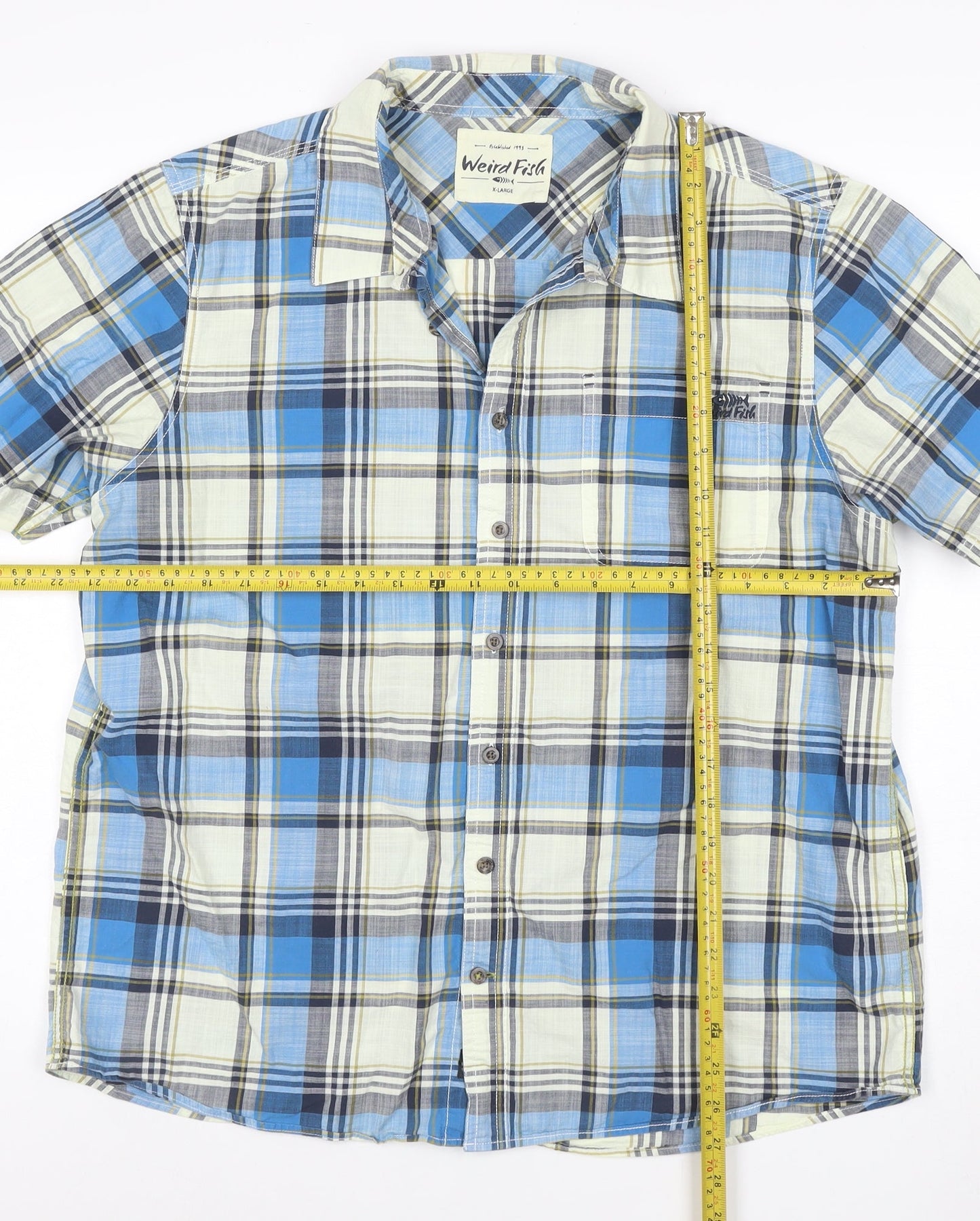 Weird Fish Mens Blue Plaid Cotton Short Sleeve Button-Up Shirt XL