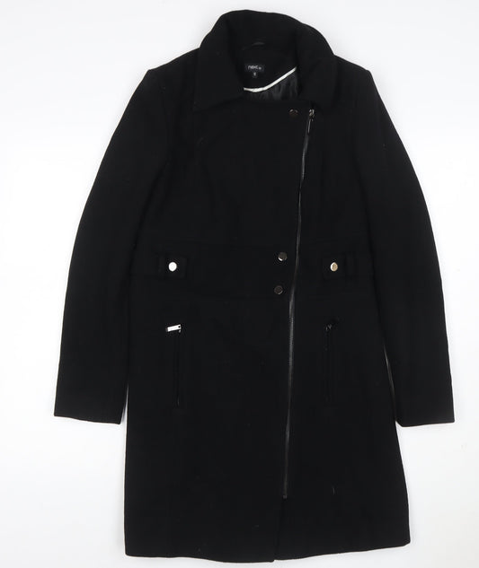 Next Womens Black Wool Blend Long Coat Size 10 Classic Zip Style