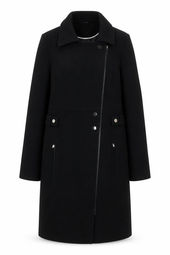 Next Womens Black Wool Blend Long Coat Size 10 Classic Zip Style