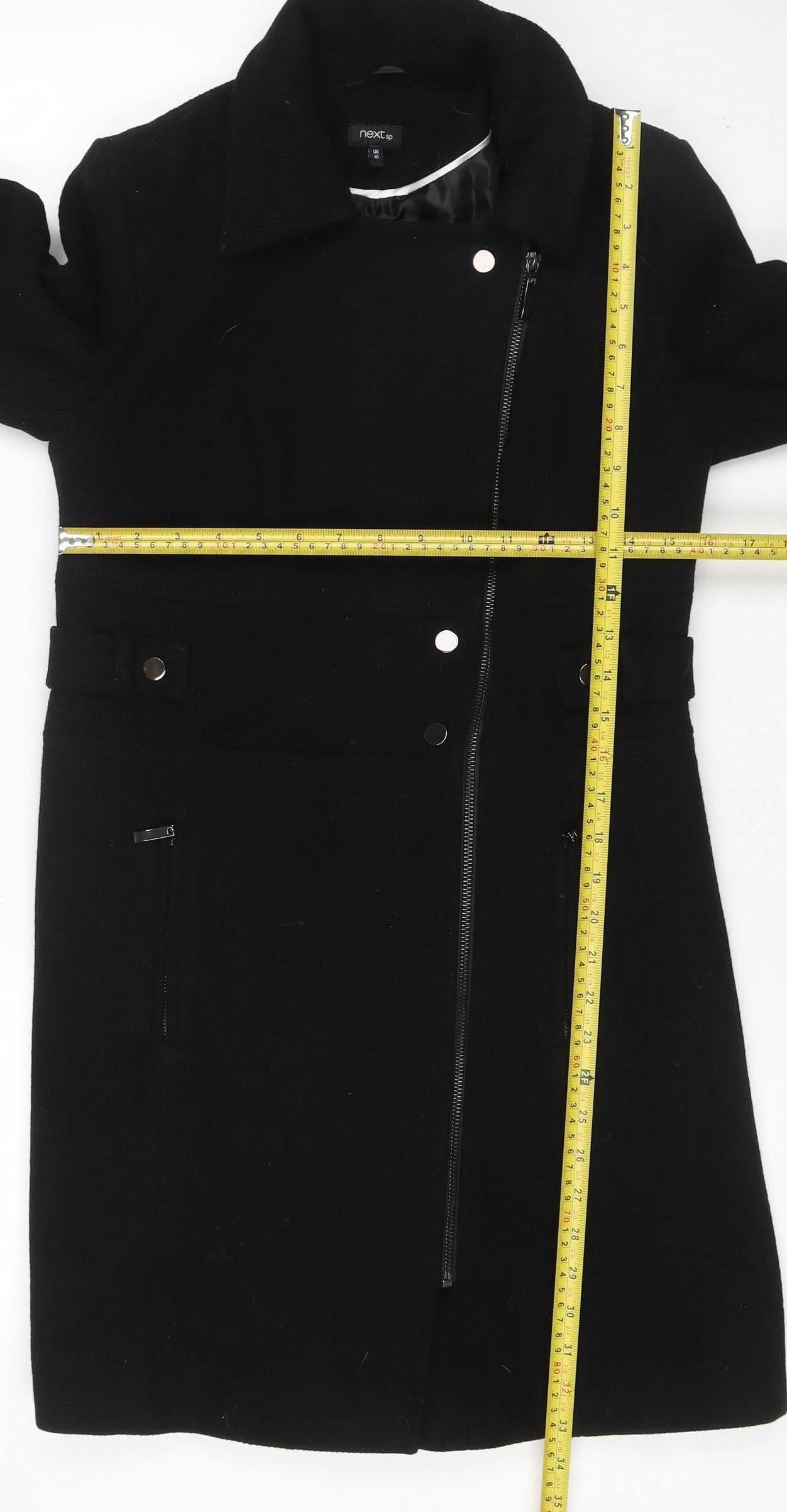 Next Womens Black Wool Blend Long Coat Size 10 Classic Zip Style