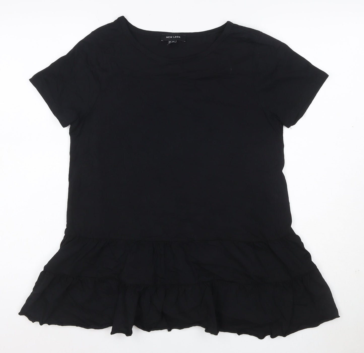 New Look Women Black Cotton Ruffle Hem Tunic T-Shirt UK 12