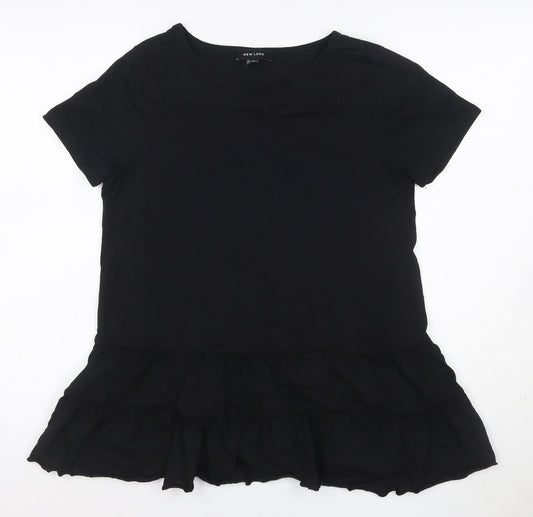 New Look Women Black Cotton Ruffle Hem Tunic T-Shirt UK 12