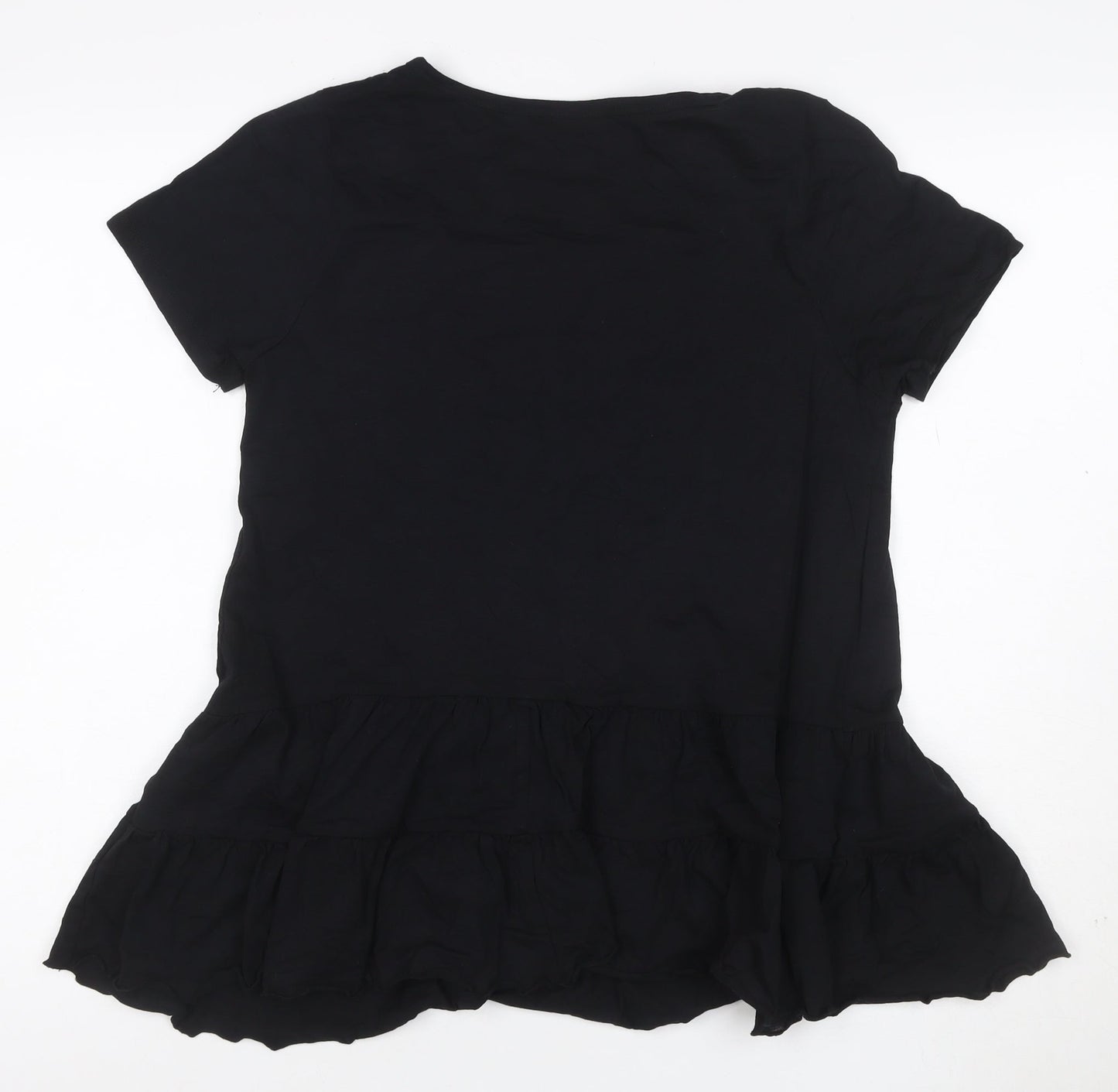 New Look Women Black Cotton Ruffle Hem Tunic T-Shirt UK 12