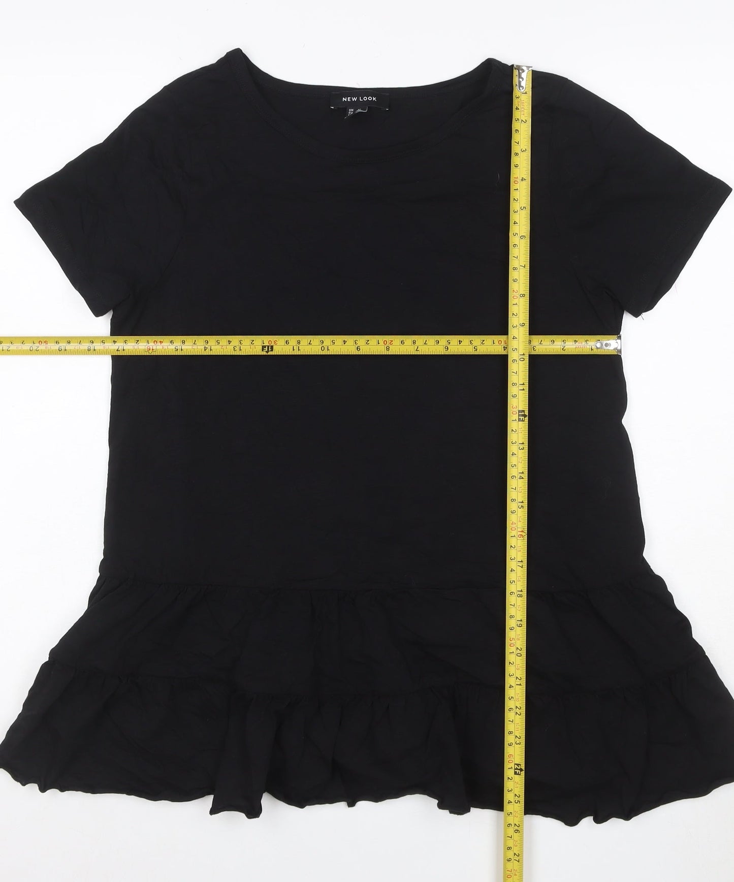 New Look Women Black Cotton Ruffle Hem Tunic T-Shirt UK 12