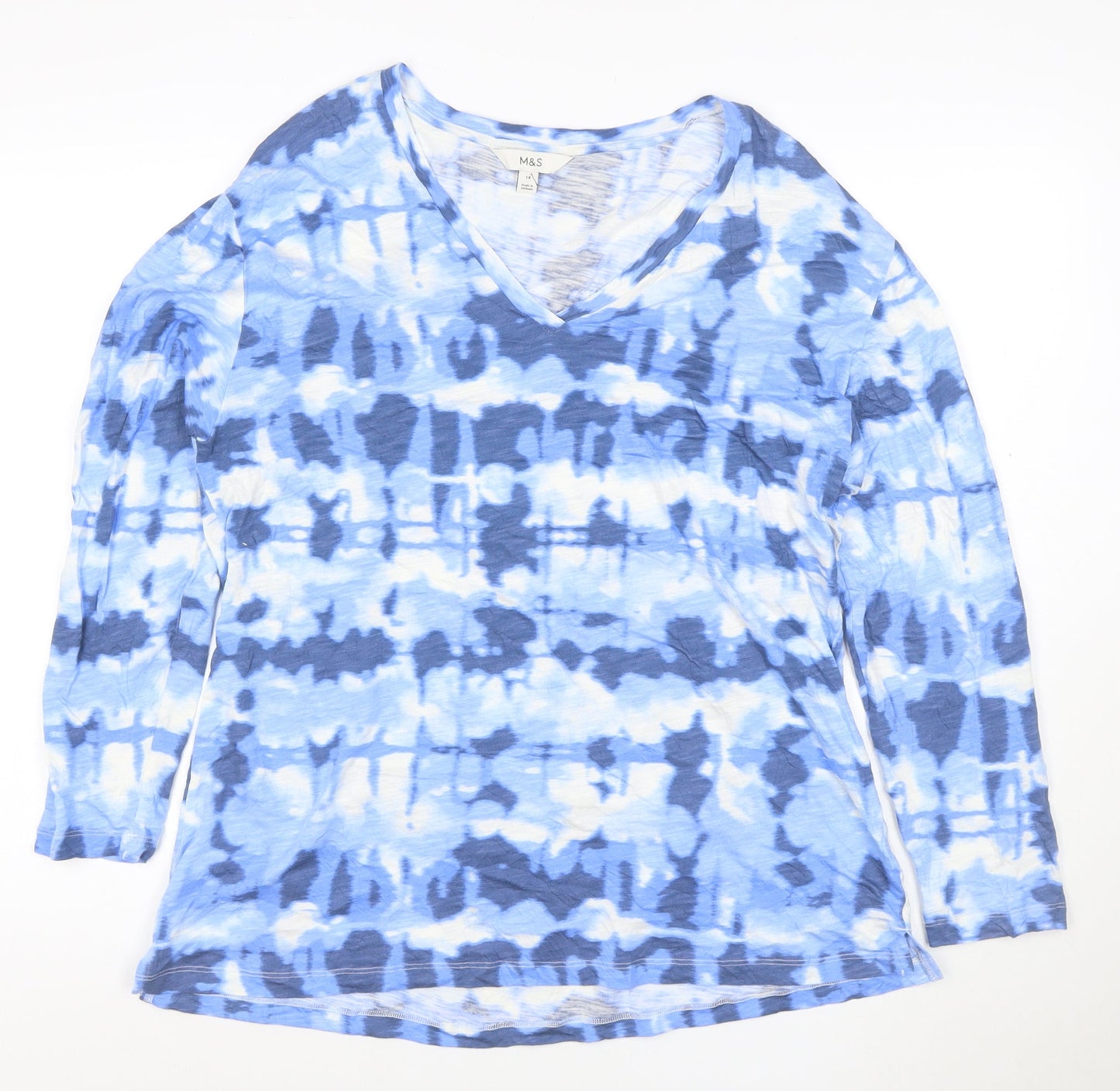 Marks and Spencer Men's Blue Tie-Dye Long Sleeve V-Neck T-Shirt Size L