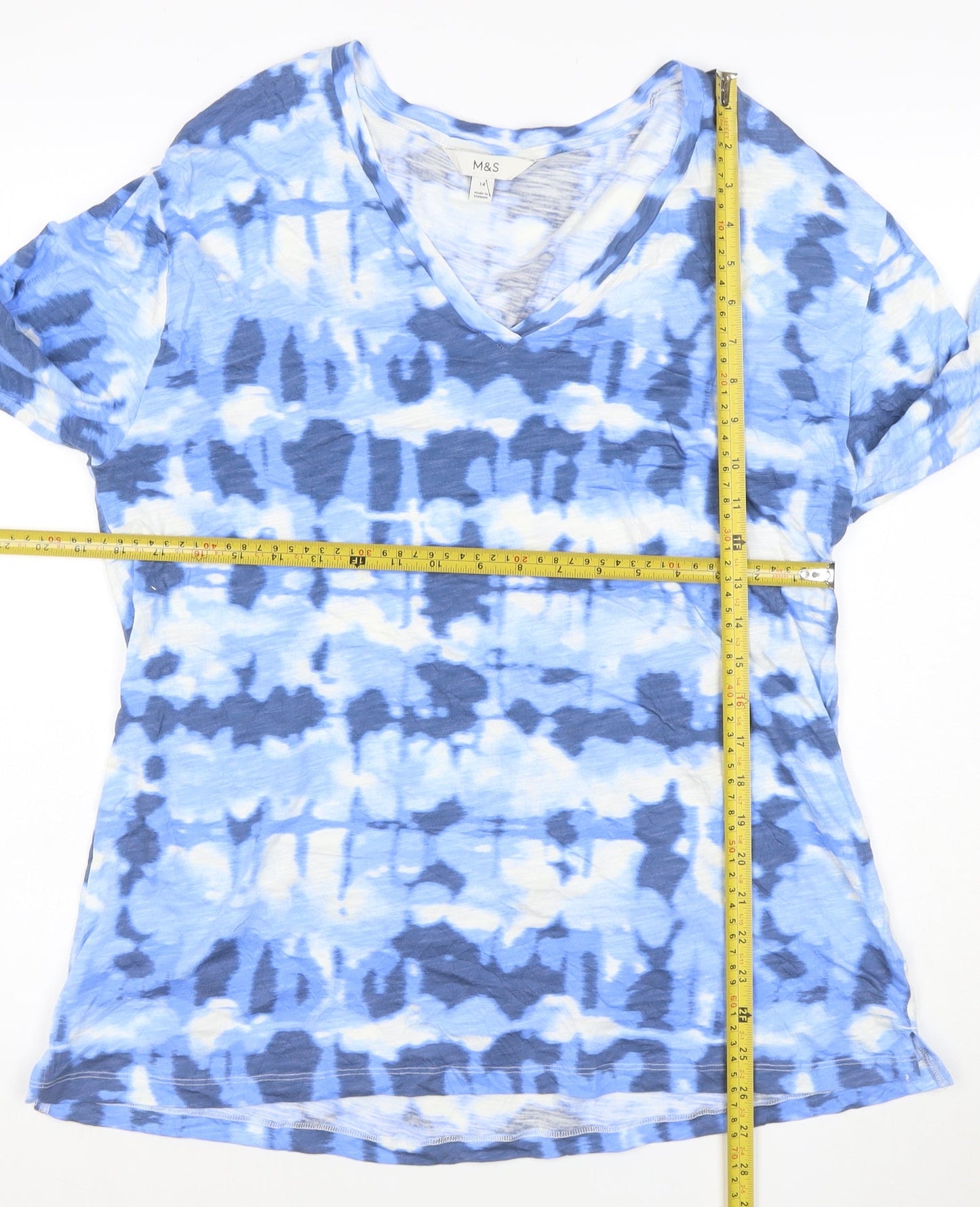 Marks and Spencer Men's Blue Tie-Dye Long Sleeve V-Neck T-Shirt Size L