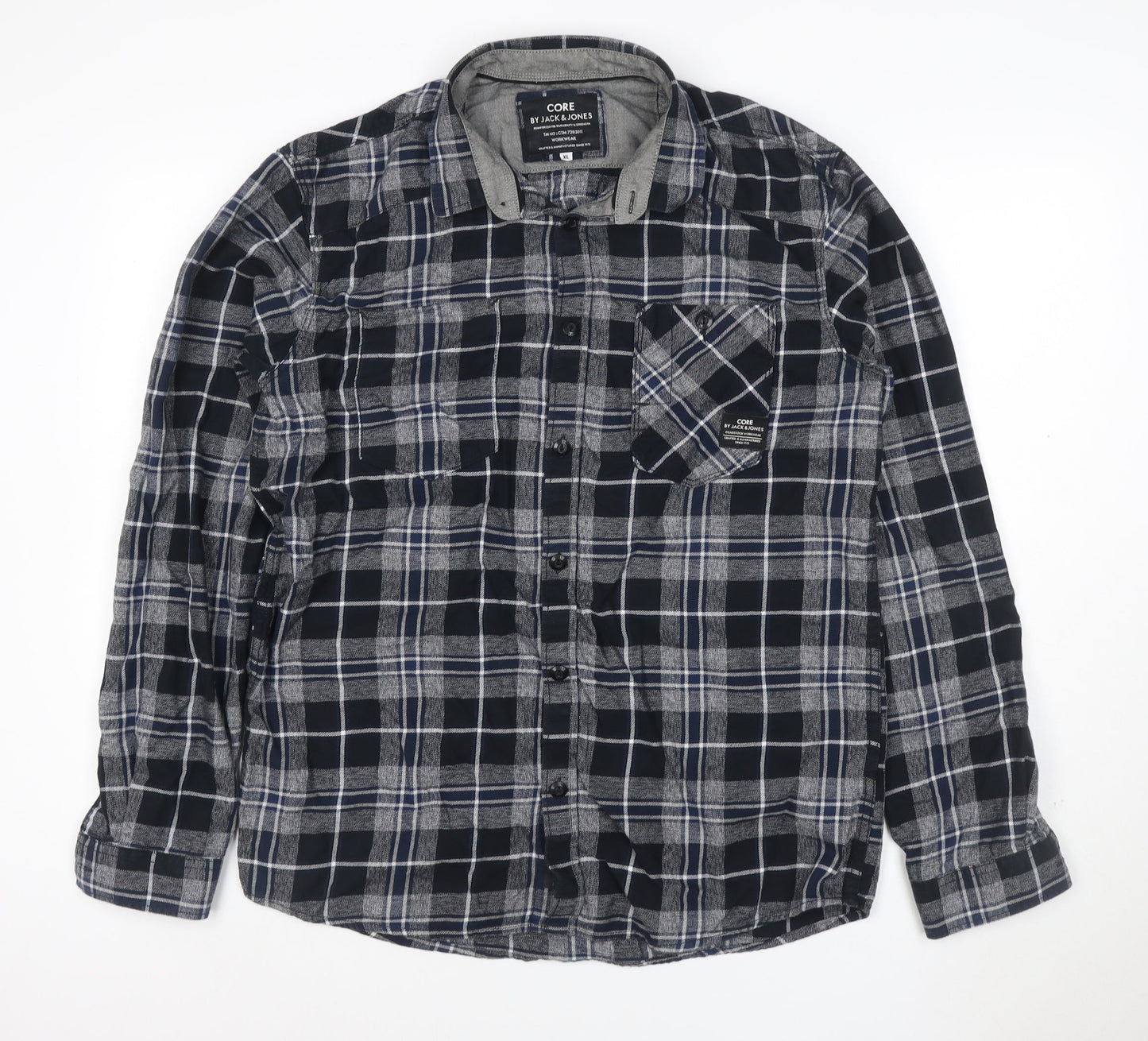 Jack & Jones Men’s Blue Check Flannel Long Sleeve Button-Up Shirt XL