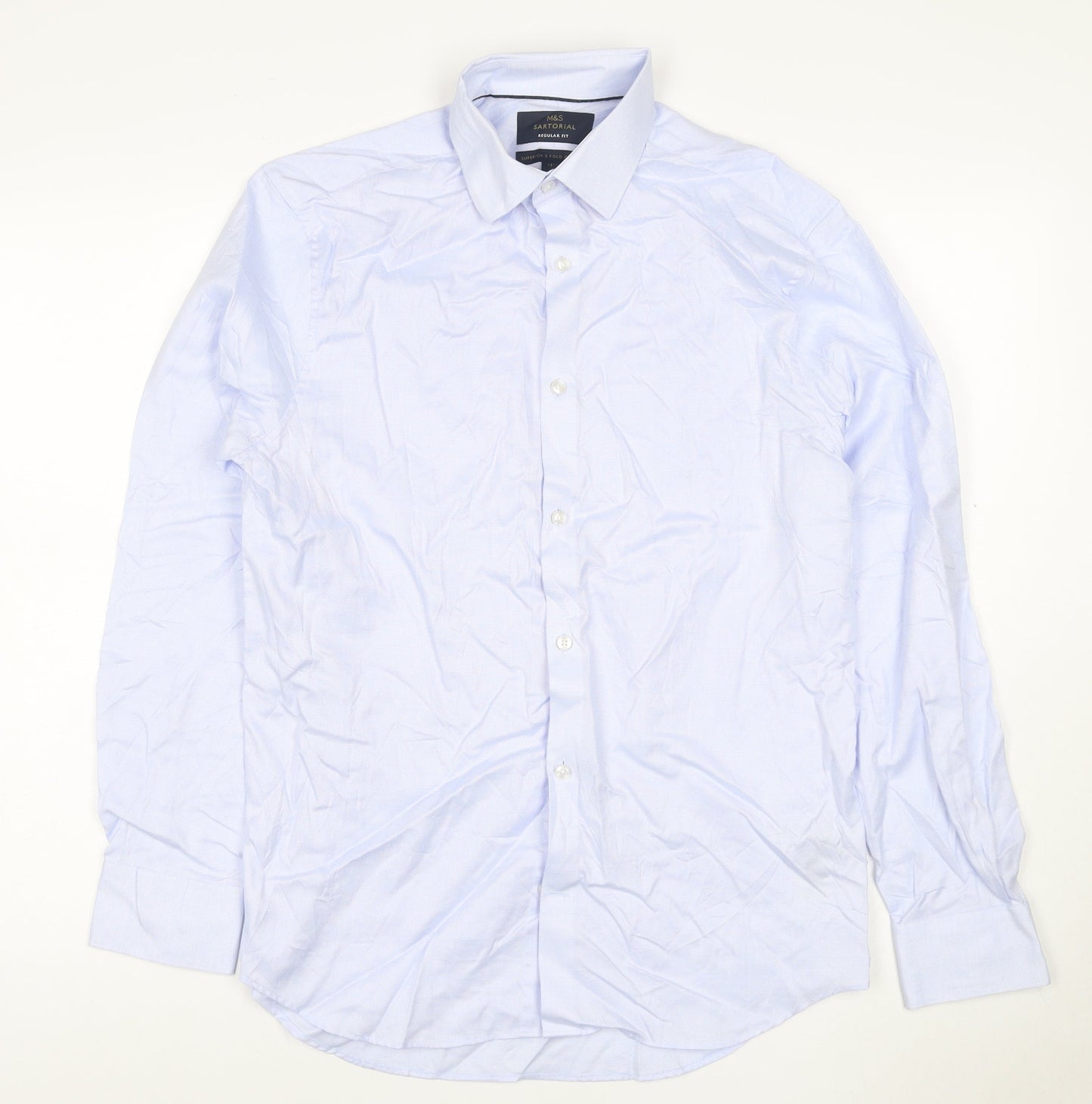 Marks and Spencer Men Blue Regular Fit Cotton Long Sleeve Shirt 15in