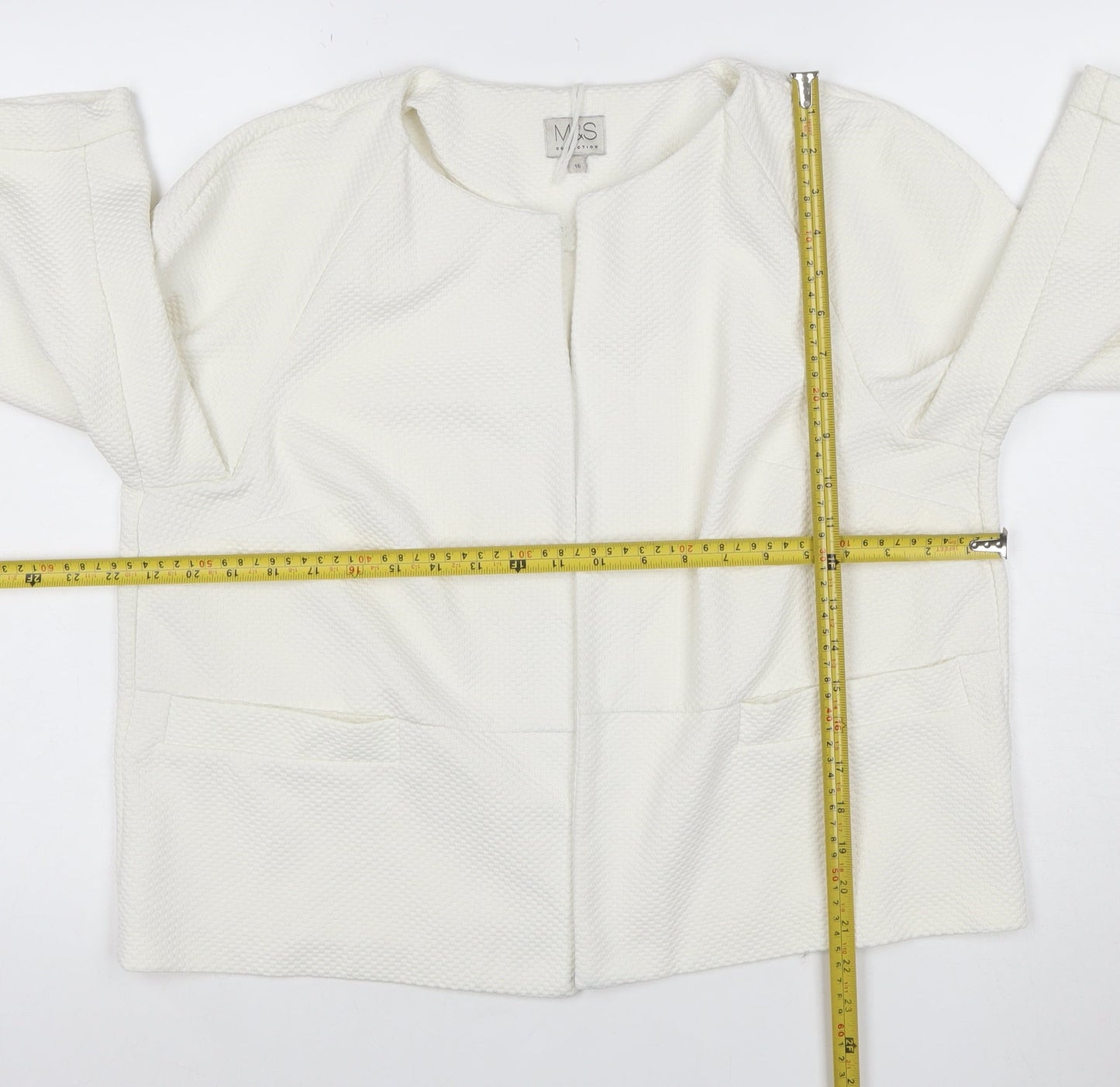 Marks and Spencer Women Ivory Textured Collarless Suit Jacket Size 16