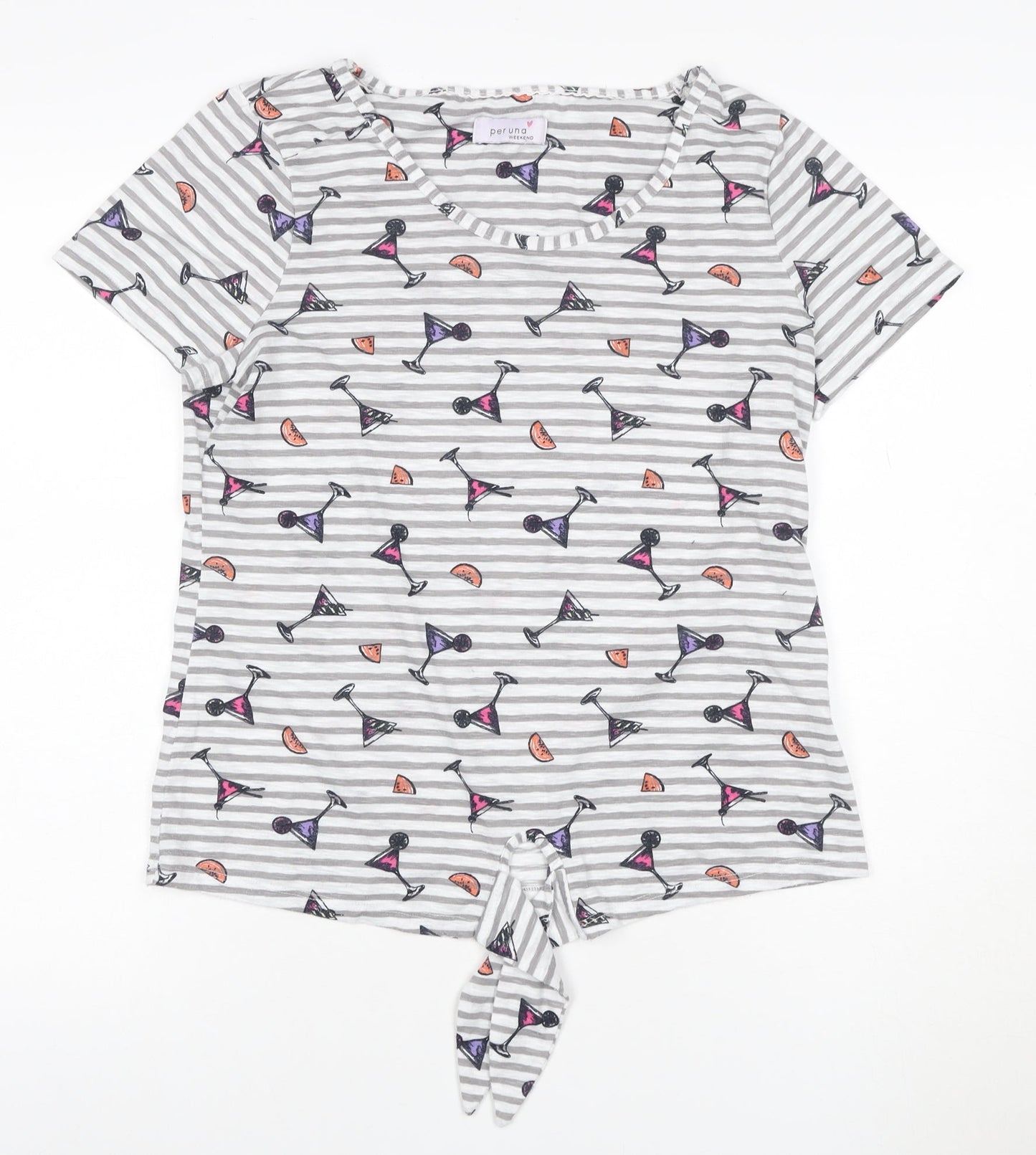 Marks and Spencer Women’s Grey Striped Tie Front Cocktail Print T-Shirt Size 12