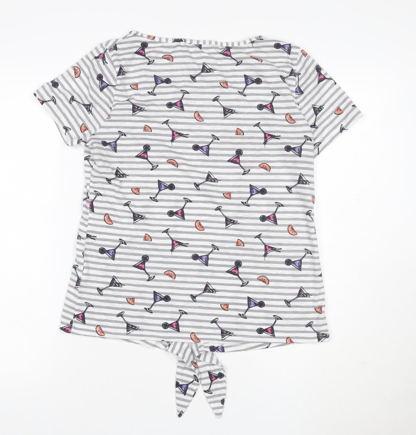Marks and Spencer Women’s Grey Striped Tie Front Cocktail Print T-Shirt Size 12