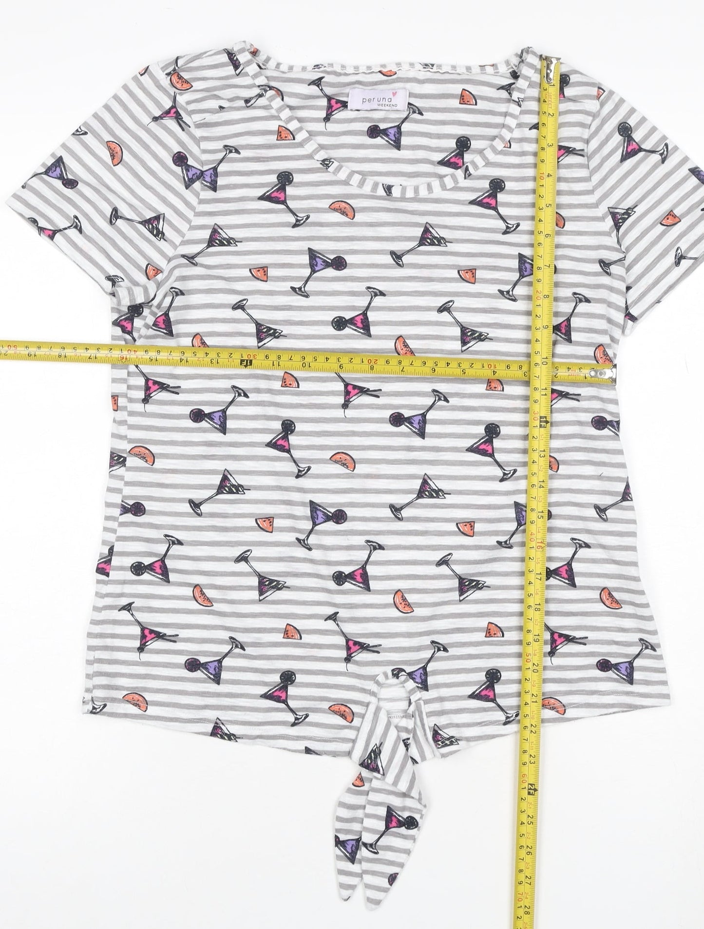 Marks and Spencer Women’s Grey Striped Tie Front Cocktail Print T-Shirt Size 12