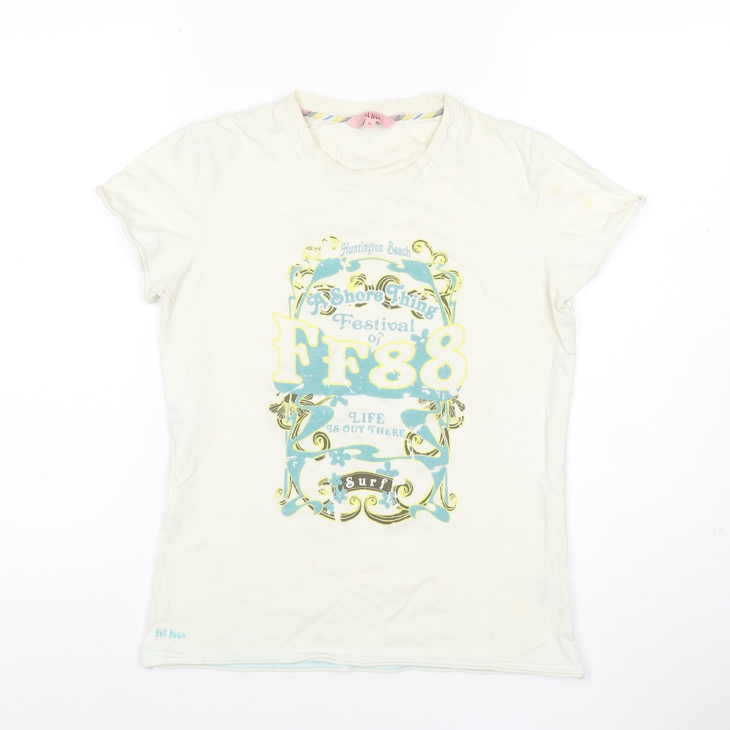 Fat Face Women’s Ivory Graphic Surf T-Shirt Size 10 Cotton