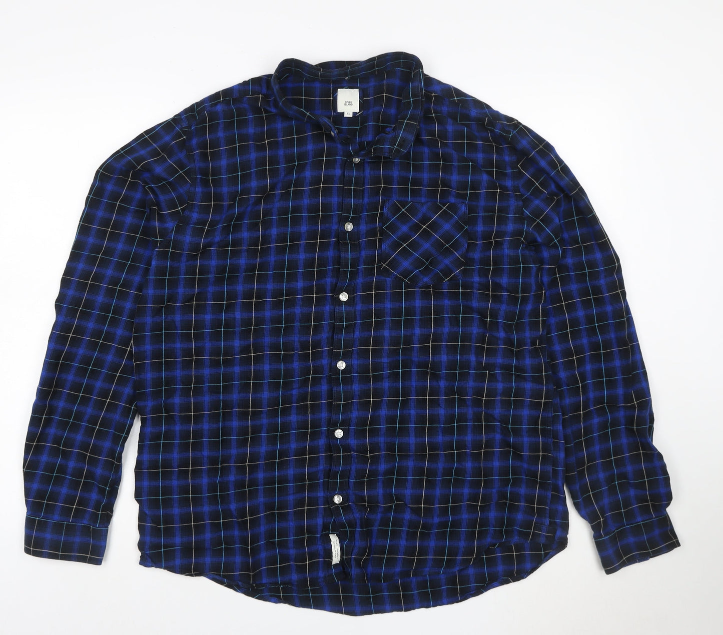 River Island Men's Blue Check Cotton Button-Up Shirt XL
