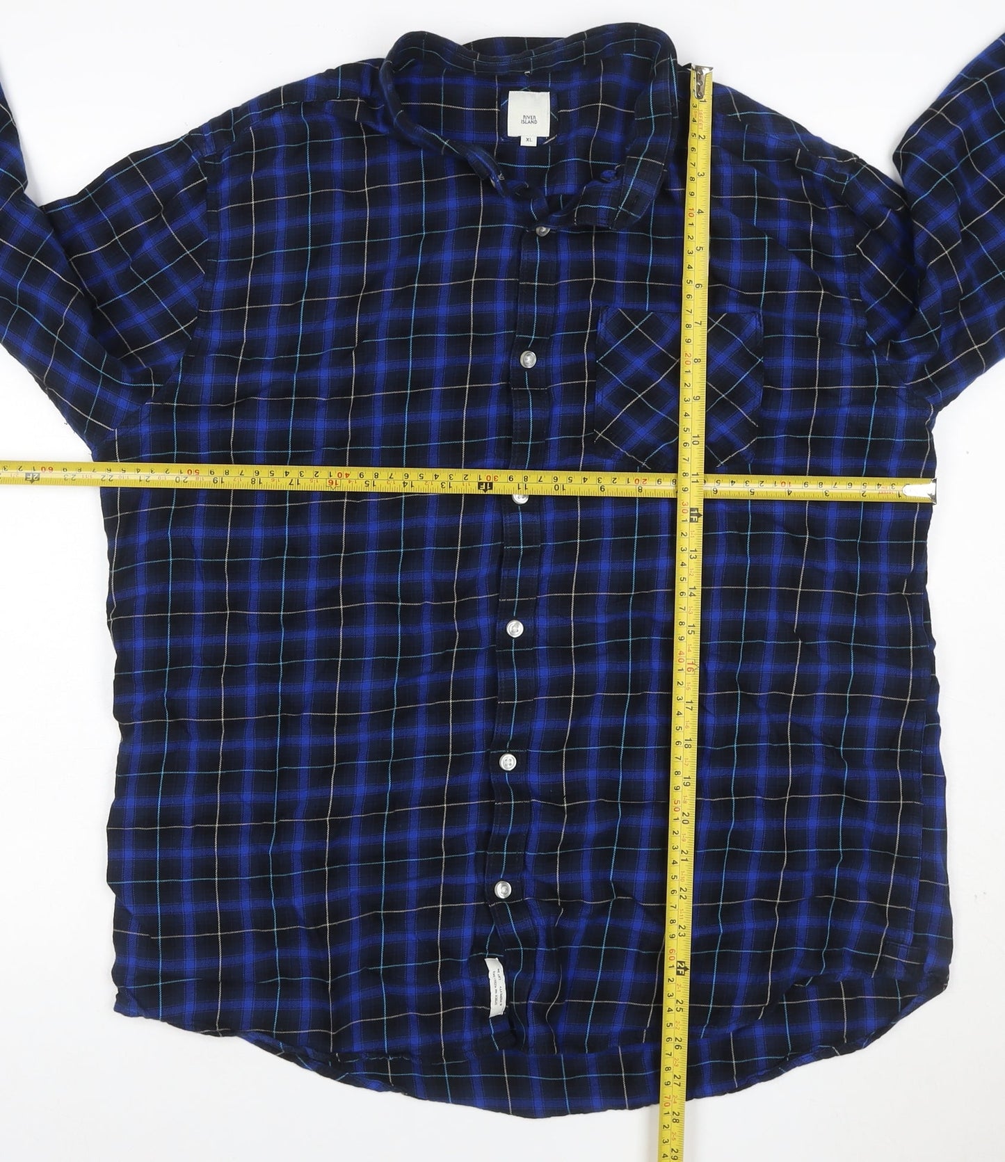 River Island Men's Blue Check Cotton Button-Up Shirt XL