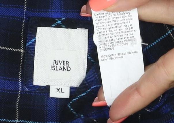 River Island Men's Blue Check Cotton Button-Up Shirt XL