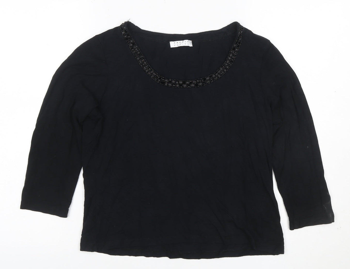 Precis Petite Women's Black Beaded Scoop Neck 3/4 Sleeve Blouse M