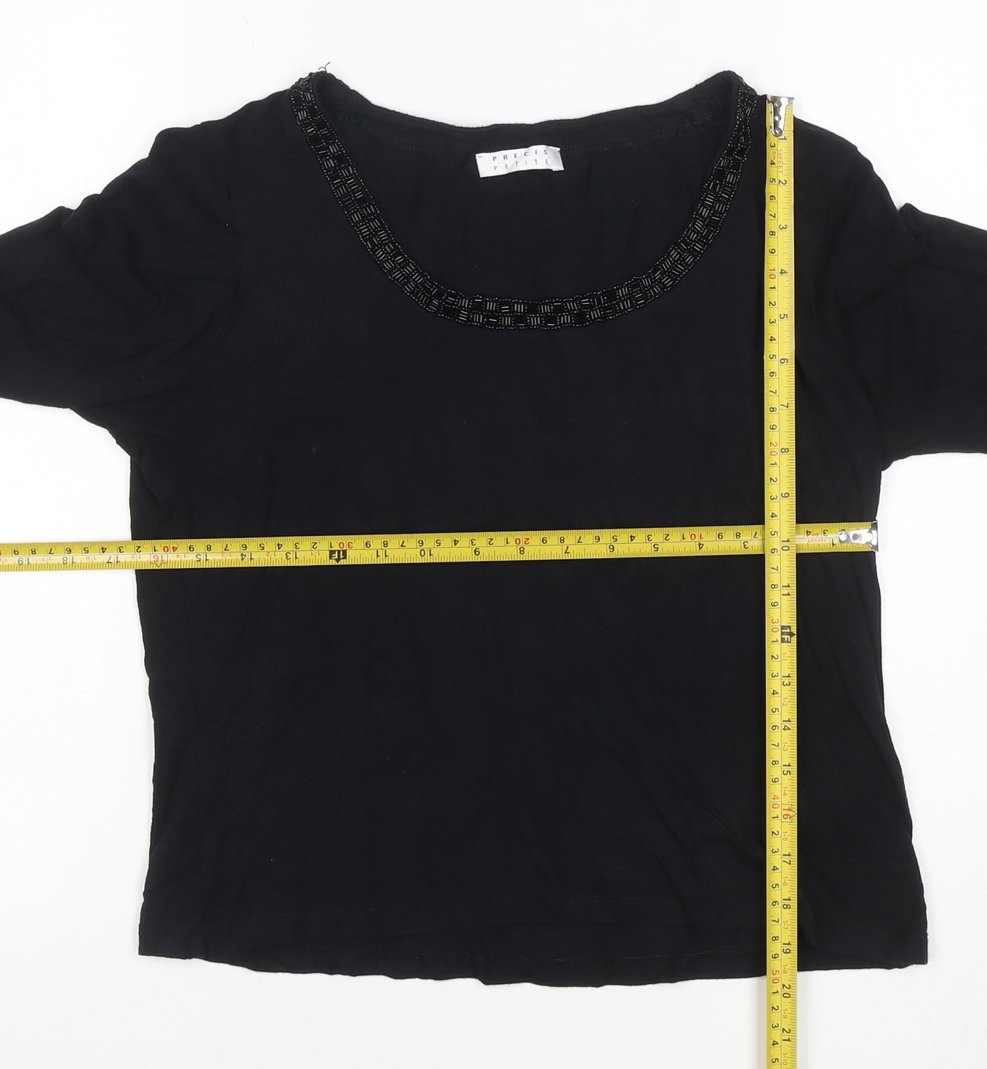Precis Petite Women's Black Beaded Scoop Neck 3/4 Sleeve Blouse M