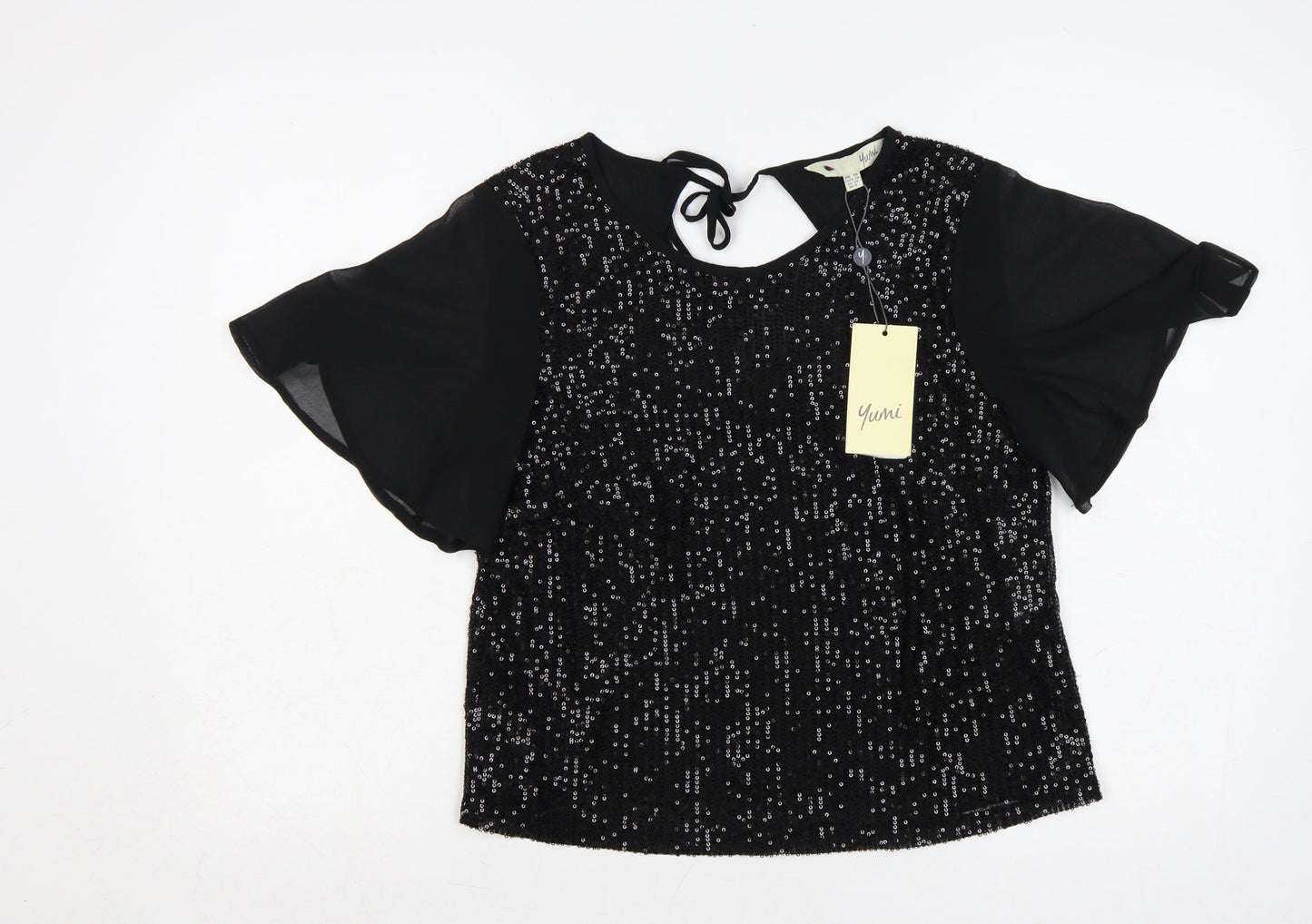 Yumi Women Black Sequin Tunic Blouse Size 10 Party Top
