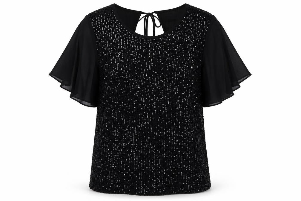Yumi Women Black Sequin Tunic Blouse Size 10 Party Top