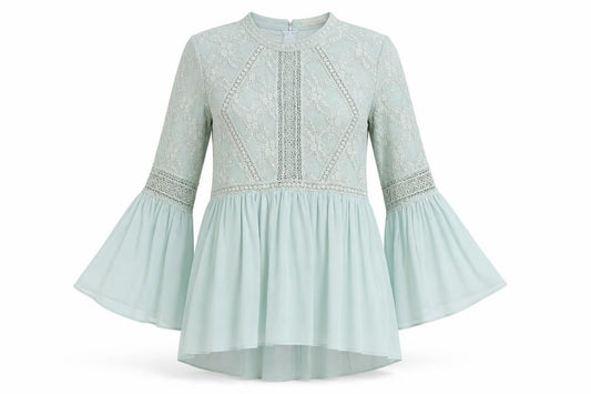 Capsule Women’s Green Lace A-Line Short Dress Size L Long Bell Sleeve