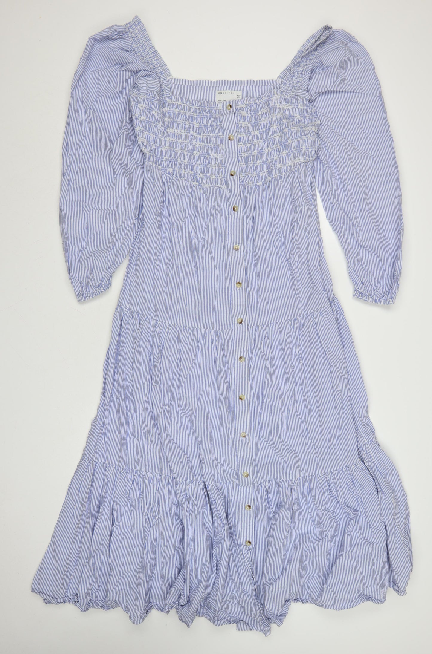 ASOS DESIGN Women Blue Stripe Midi A-Line Dress Size 16 Puff Sleeve