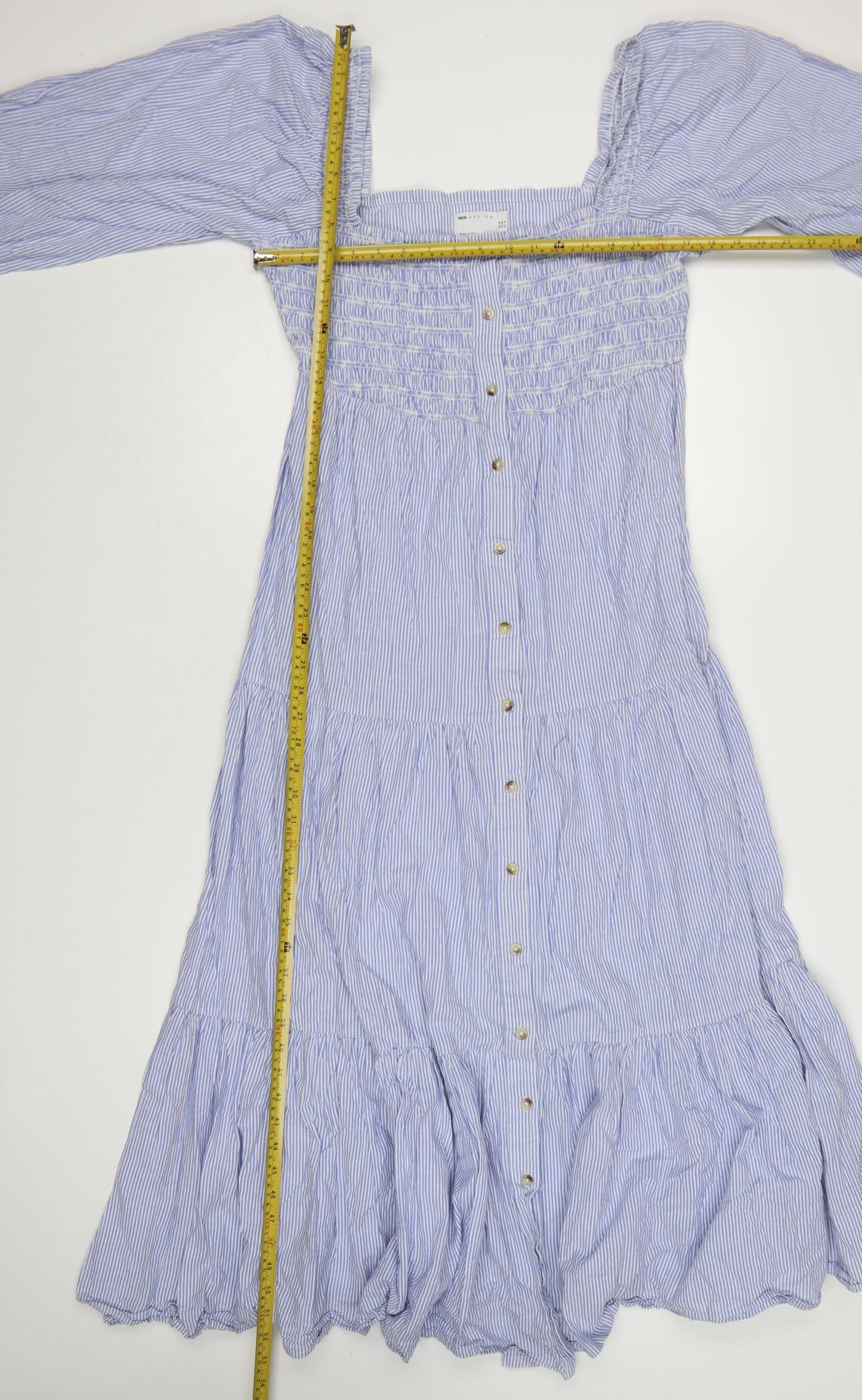 ASOS DESIGN Women Blue Stripe Midi A-Line Dress Size 16 Puff Sleeve