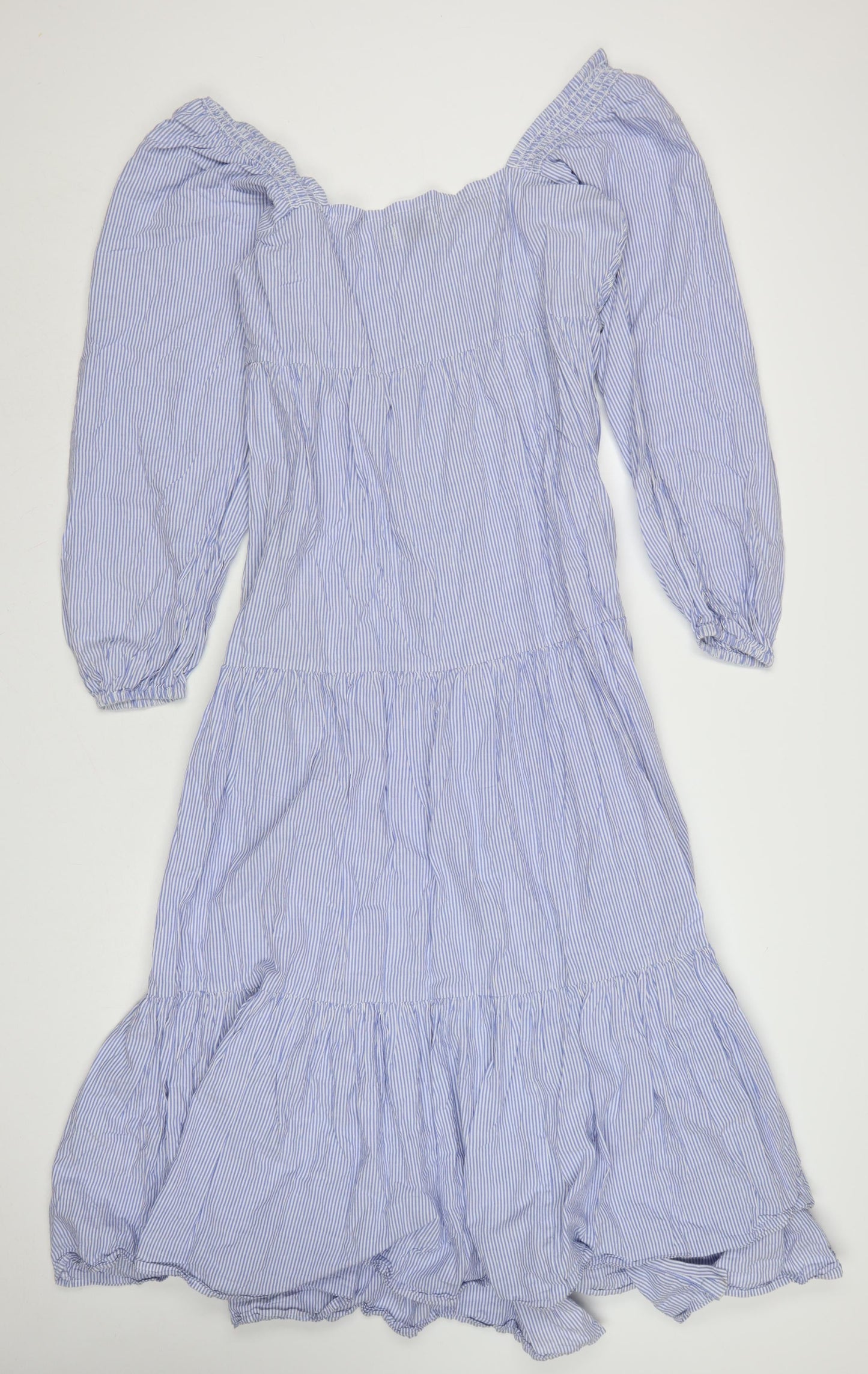 ASOS DESIGN Women Blue Stripe Midi A-Line Dress Size 16 Puff Sleeve