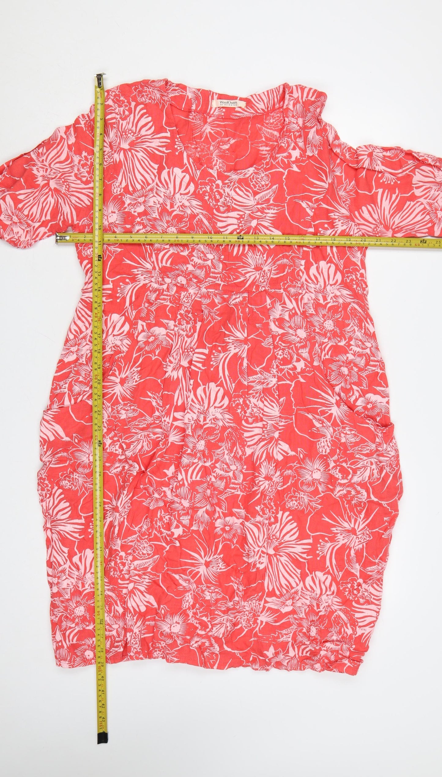 WoolOvers Women Red Linen Floral Shift Dress Size 12 V-Neck