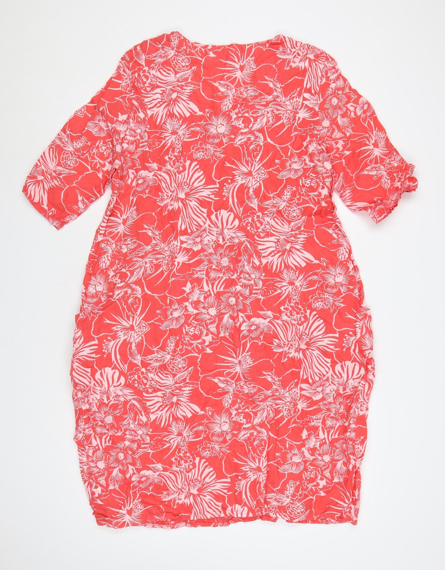WoolOvers Women Red Linen Floral Shift Dress Size 12 V-Neck