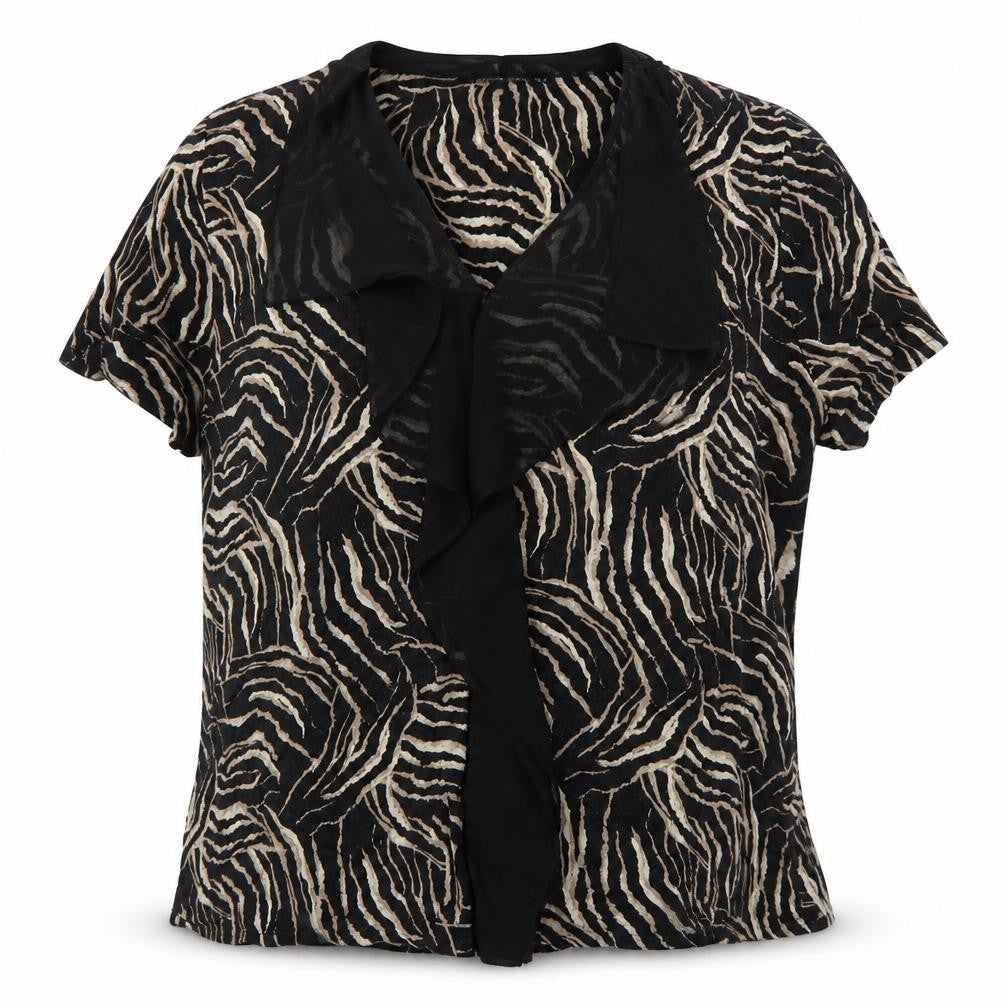 David Emanuel Women’s Beige Black Animal Print Ruffle Blouse Size 22