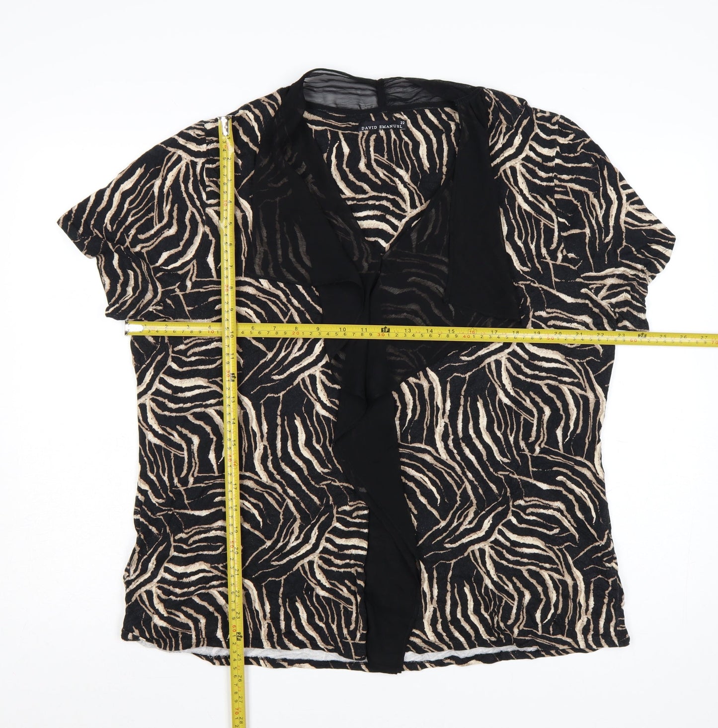 David Emanuel Women’s Beige Black Animal Print Ruffle Blouse Size 22