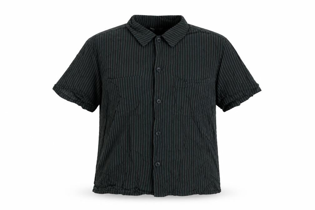 Uniqlo Women Green Striped Short Sleeve Button-Up Cotton Shirt L