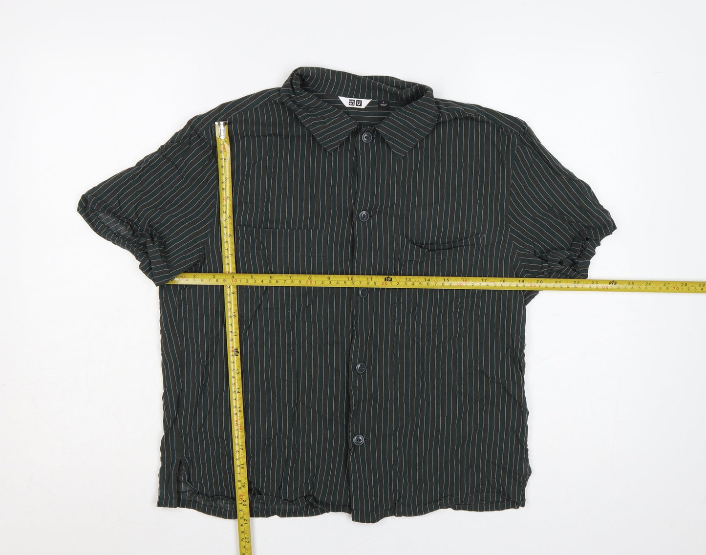 Uniqlo Women Green Striped Short Sleeve Button-Up Cotton Shirt L