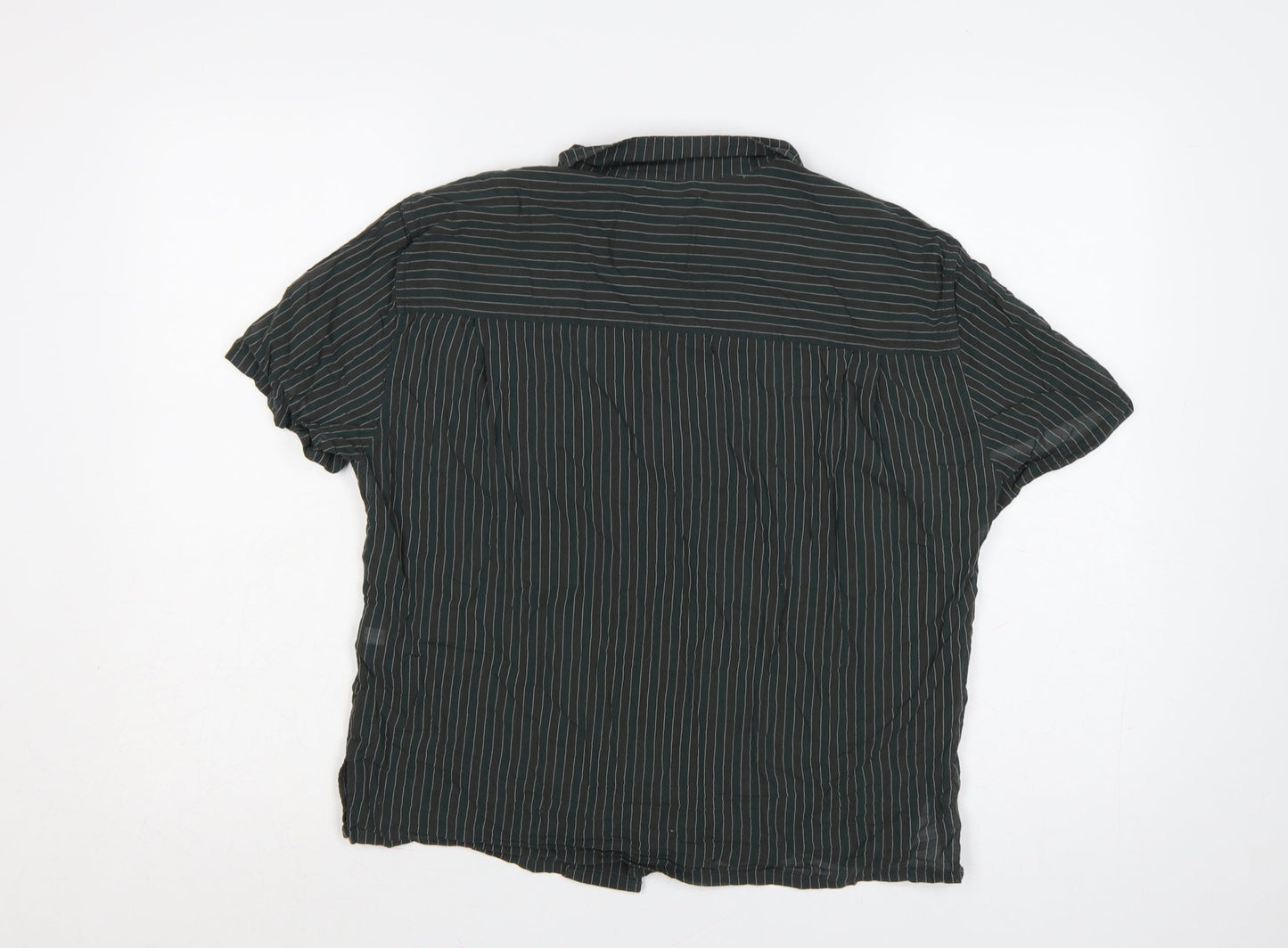 Uniqlo Women Green Striped Short Sleeve Button-Up Cotton Shirt L