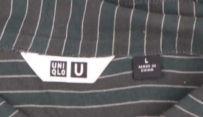 Uniqlo Women Green Striped Short Sleeve Button-Up Cotton Shirt L