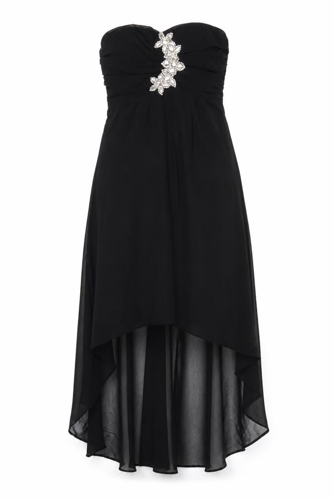 Eva & Lola Women Black Hi-Low Strapless Beaded Chiffon Dress M