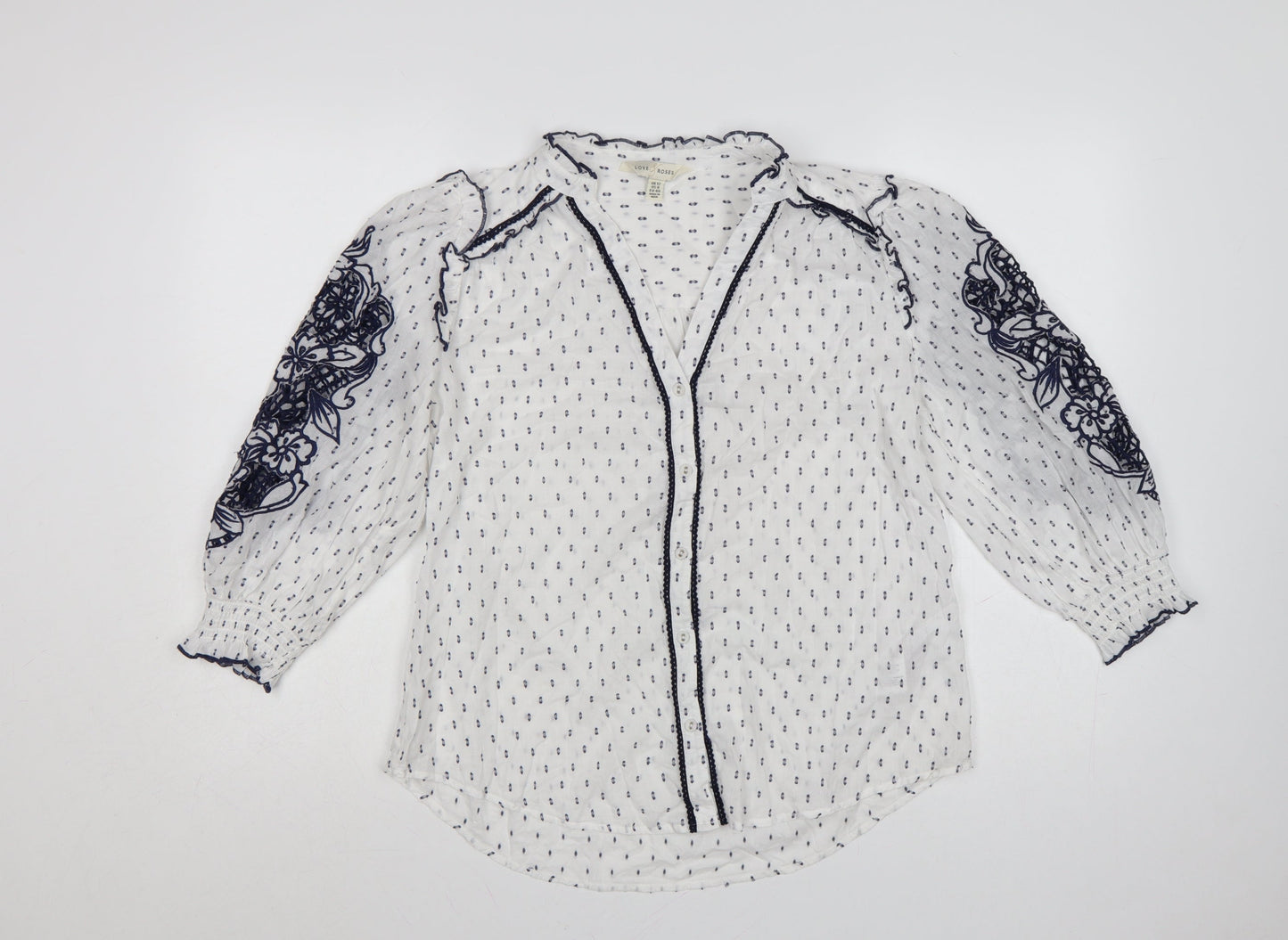 Love & Roses Women's White Blue Floral Embroidered Blouse UK 12