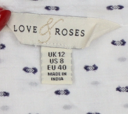 Love & Roses Women's White Blue Floral Embroidered Blouse UK 12