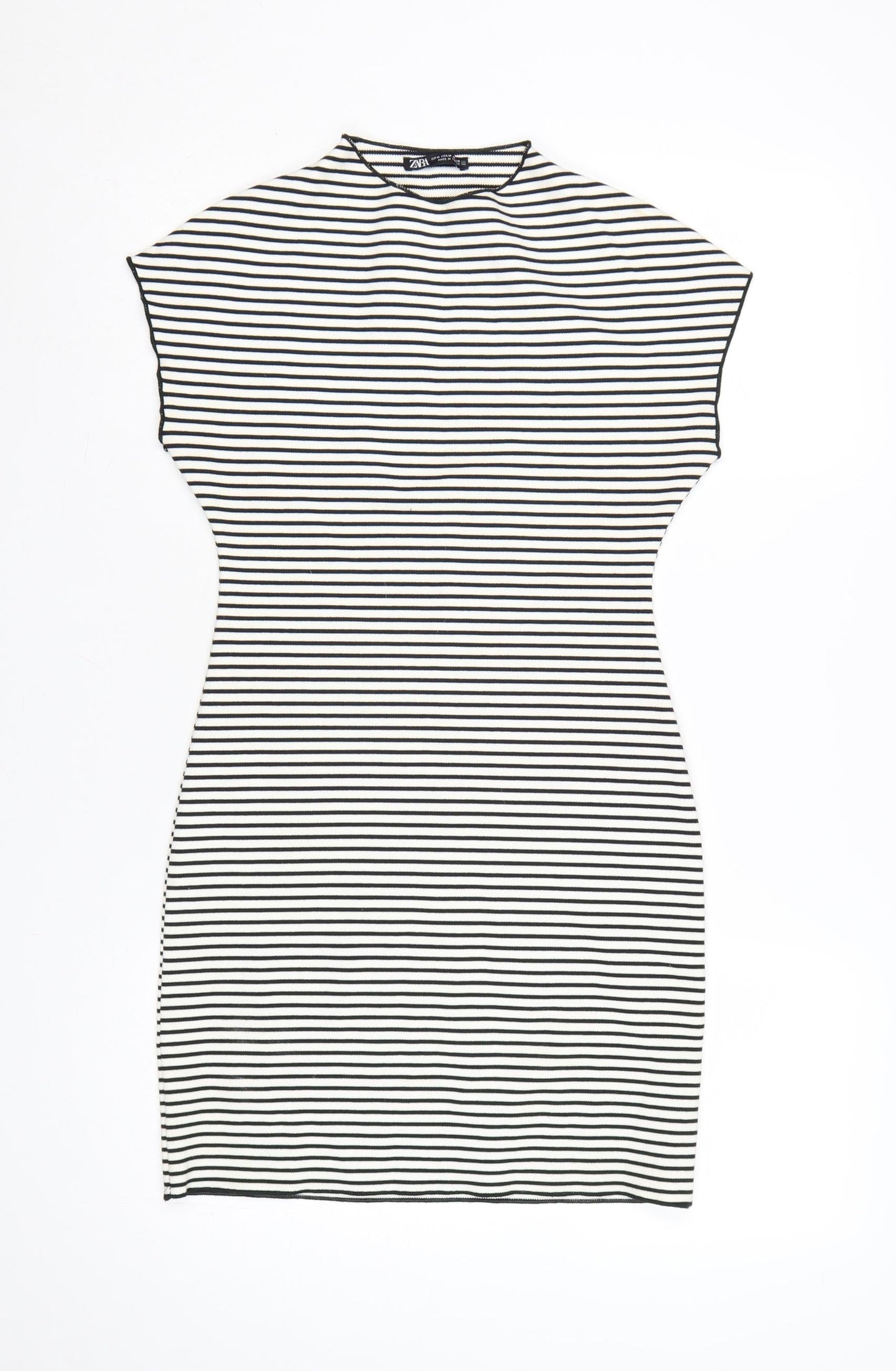 Zara Women Black White Striped Bodycon Dress Size 12 Short Sleeve