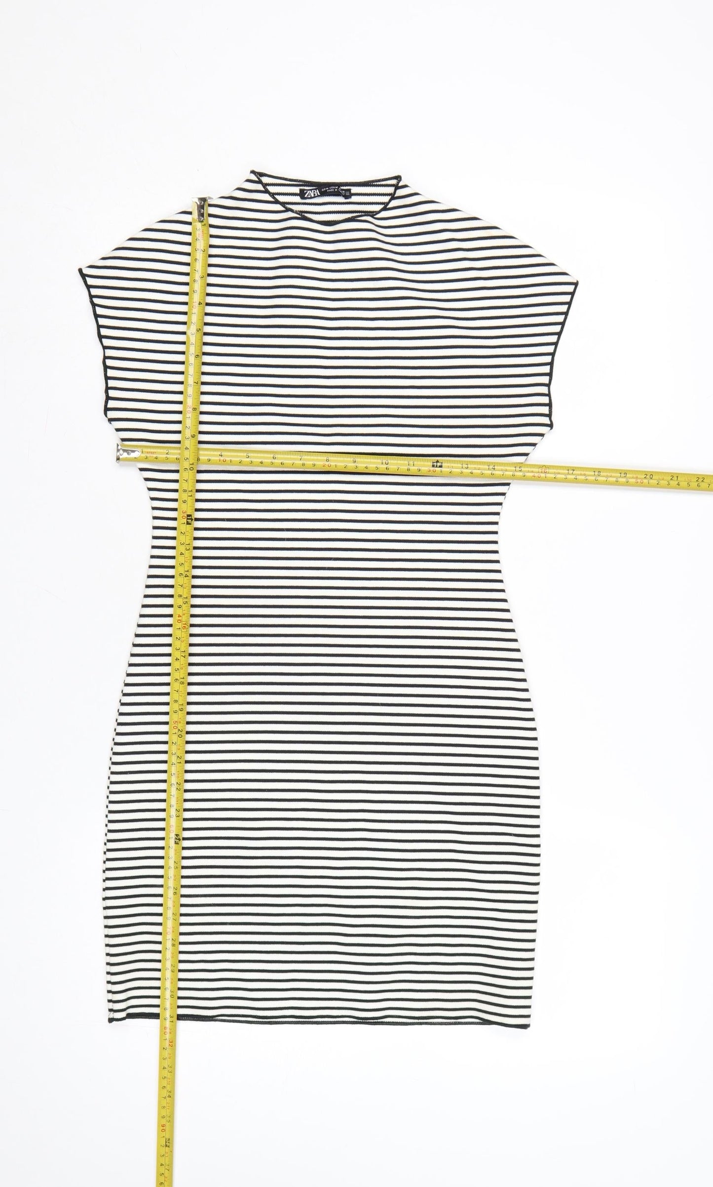 Zara Women Black White Striped Bodycon Dress Size 12 Short Sleeve