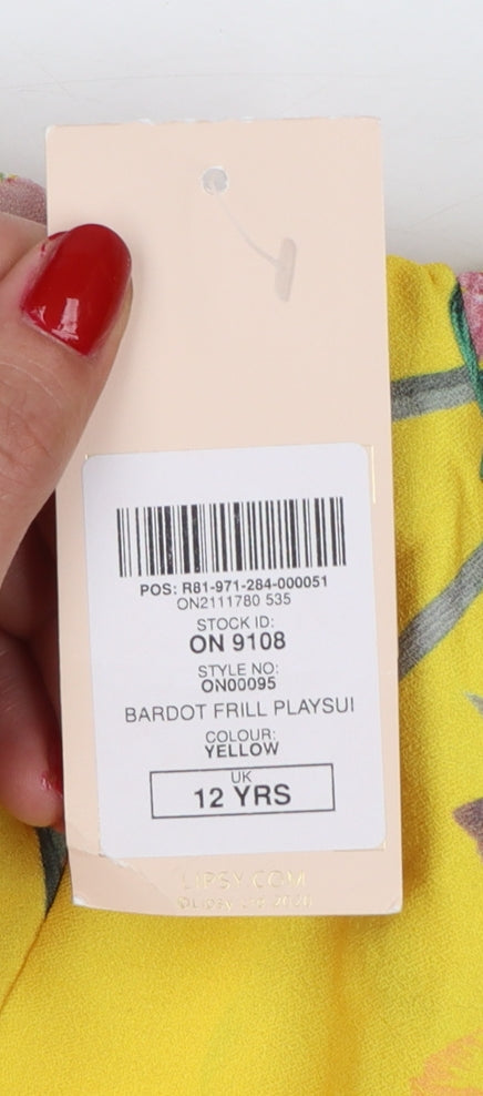 Lipsy Girls Yellow Floral Bardot Frill Playsuit 12 Years