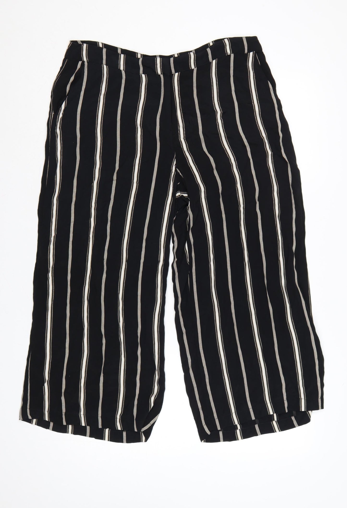 Monsoon Women Black Striped Wide-Leg Cropped Trousers UK 14