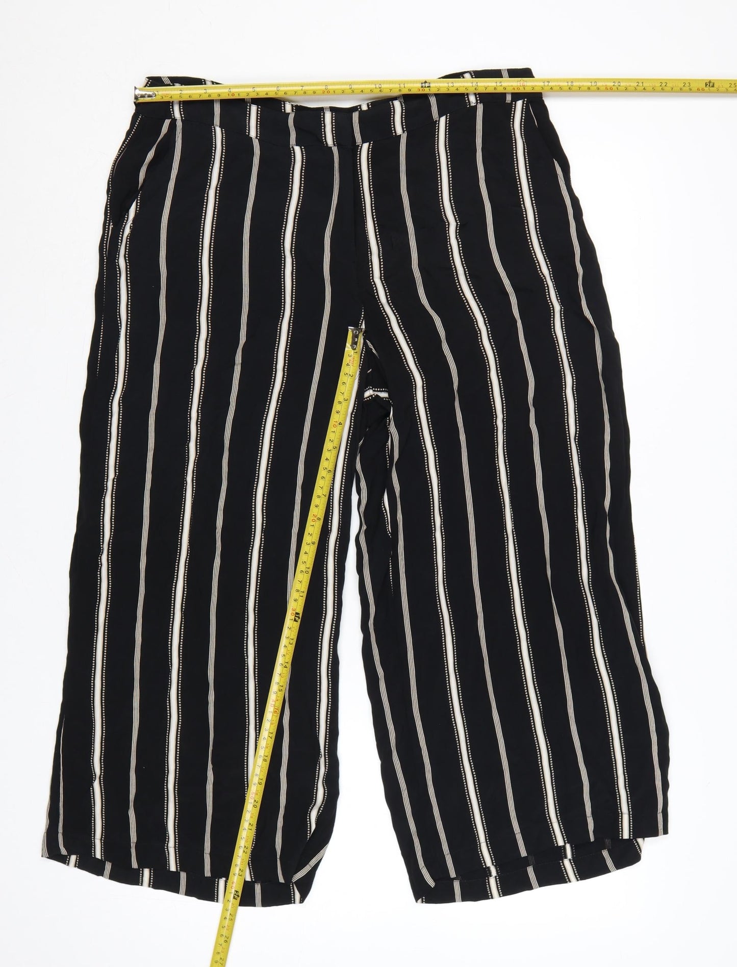 Monsoon Women Black Striped Wide-Leg Cropped Trousers UK 14