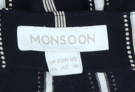 Monsoon Women Black Striped Wide-Leg Cropped Trousers UK 14