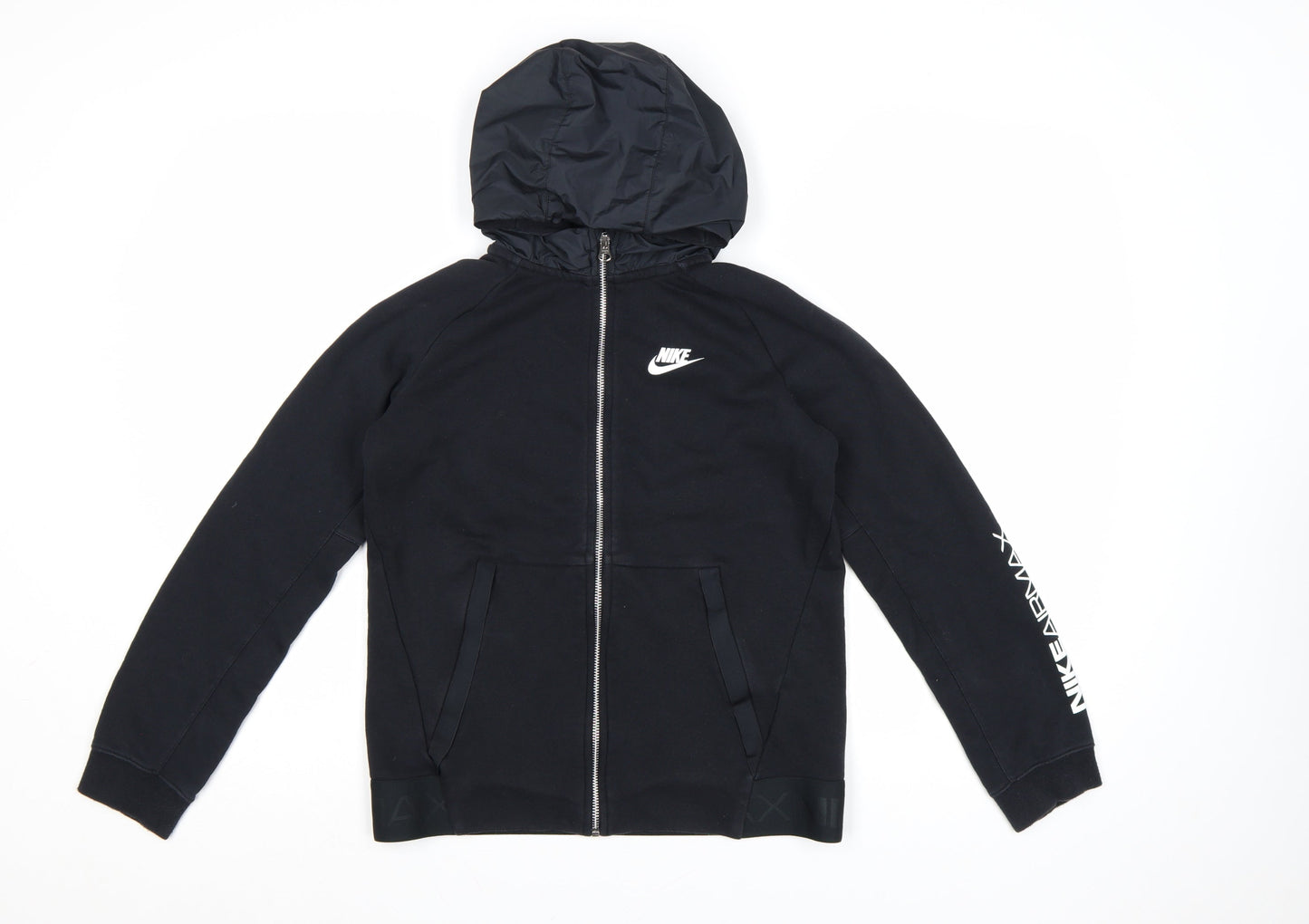 Nike Boys Black Full Zip Hoodie Air Max Logo 12-13 Years Lined Cotton Blend