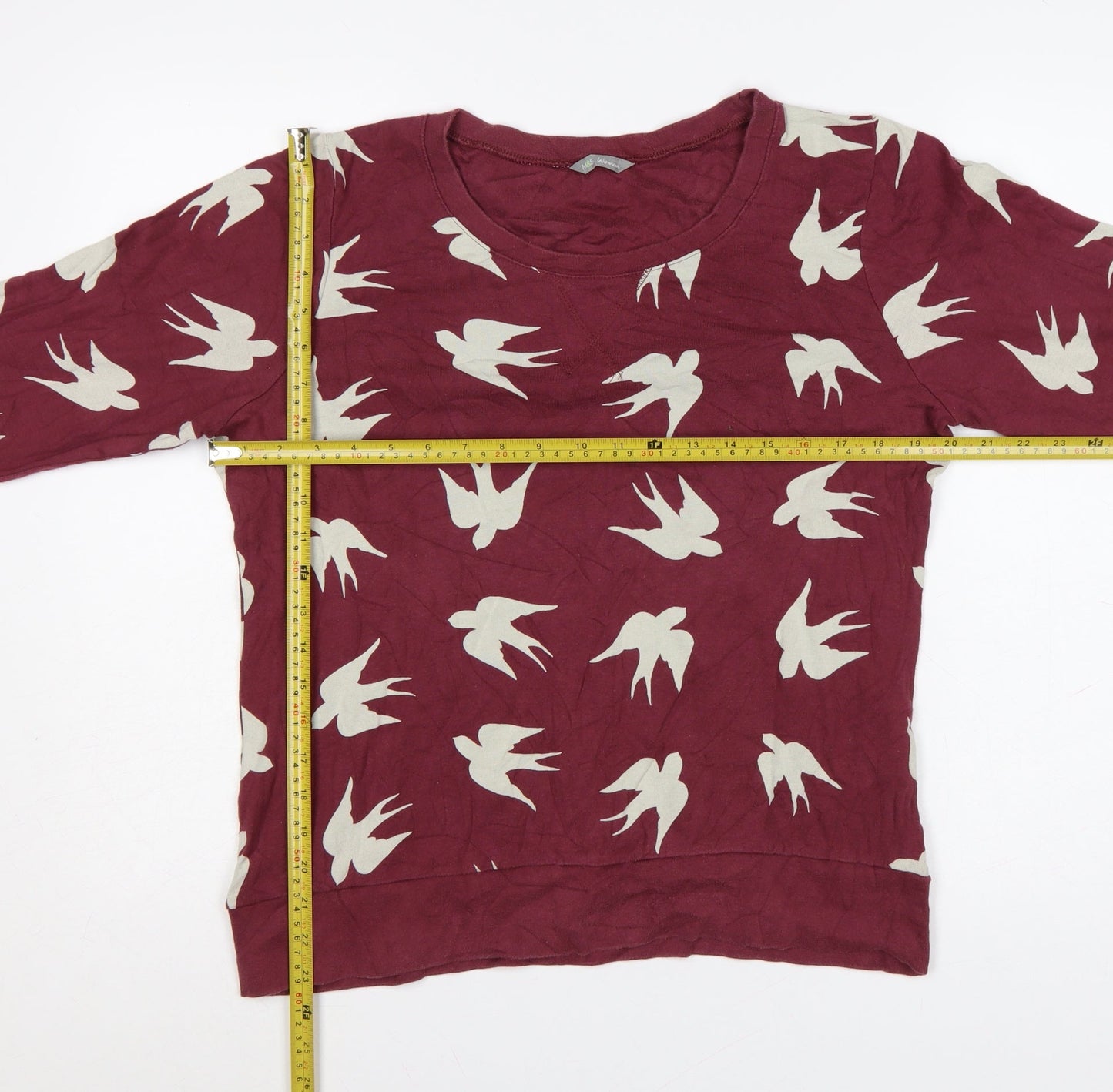 Marks and Spencer Women Burgundy Bird Print Cotton Pullover Sweatshirt Size 14