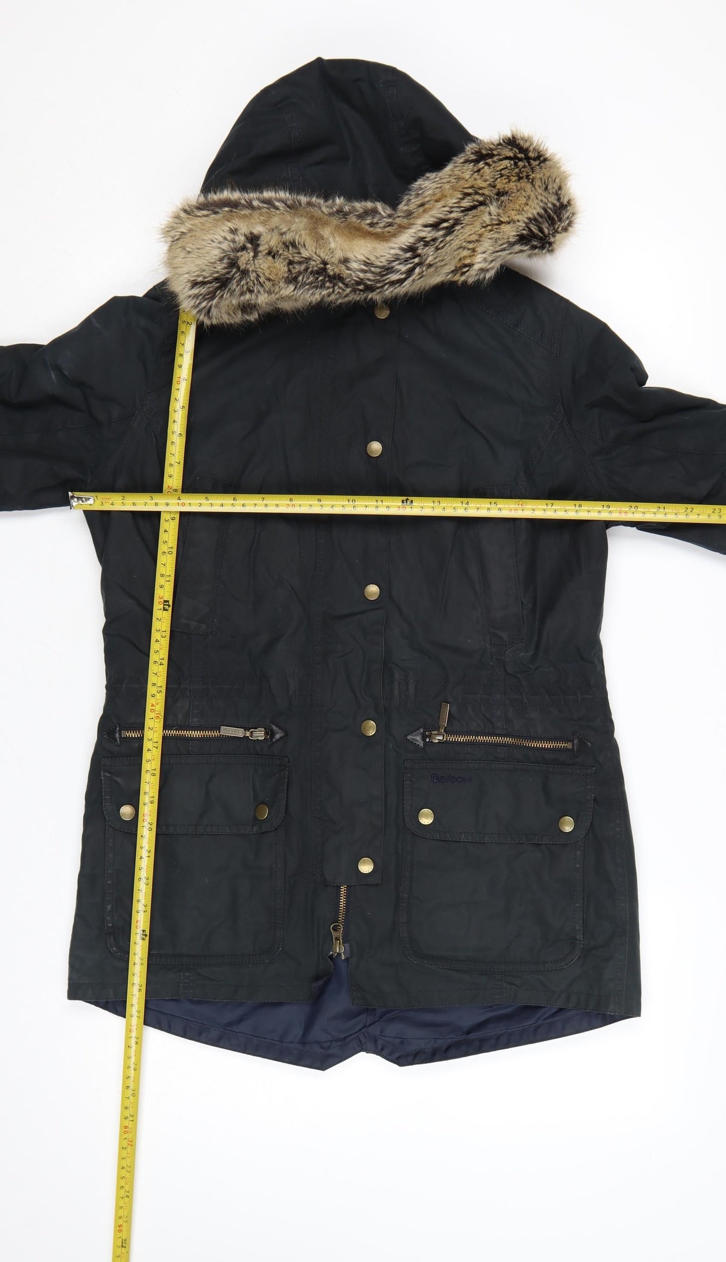 Barbour Women's Black Waxed Parka Coat Size 10 Fur Trim Hood