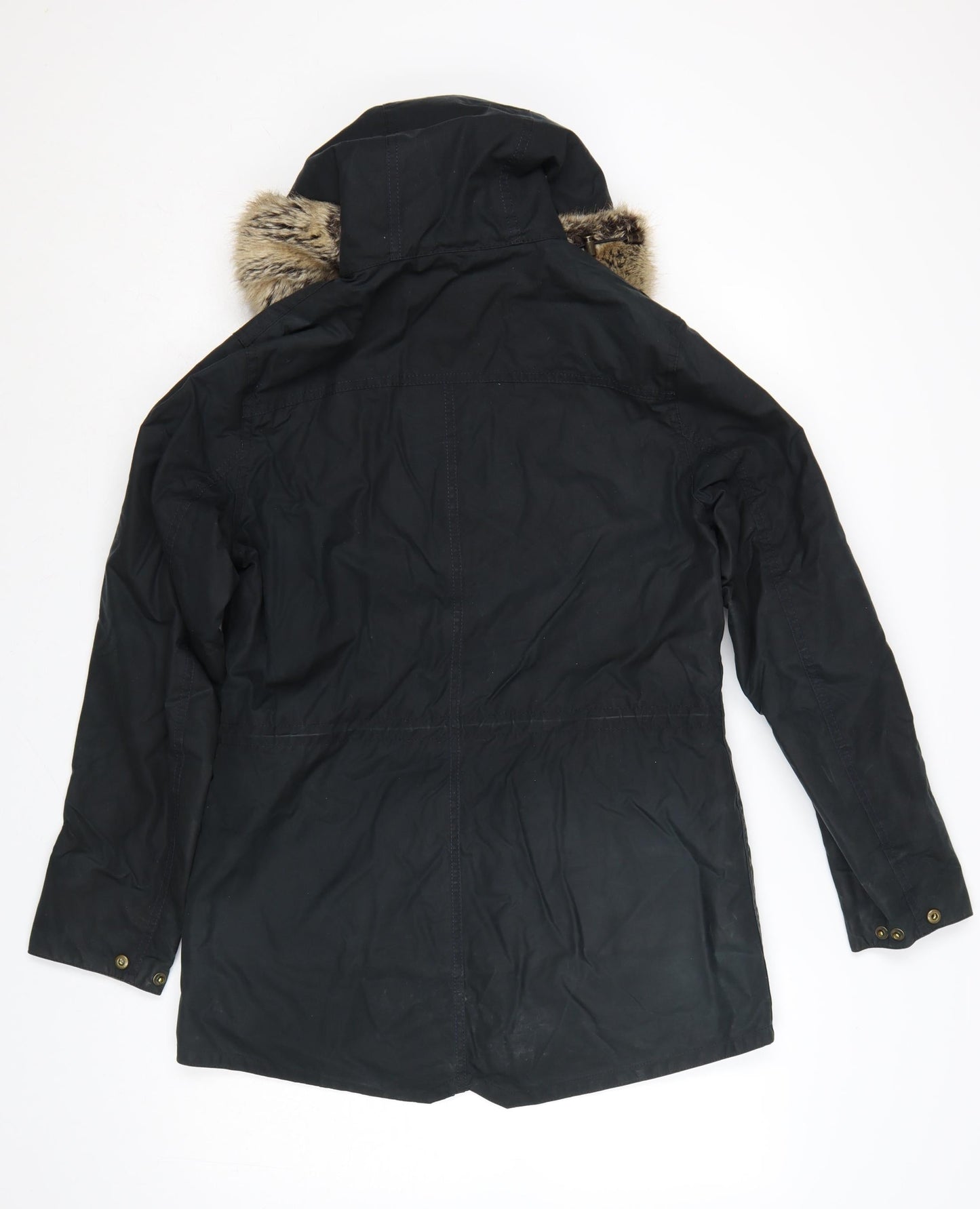 Barbour Women's Black Waxed Parka Coat Size 10 Fur Trim Hood