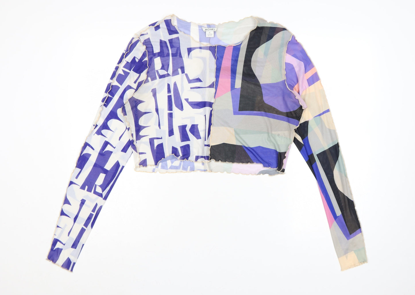 Monki Women Multicoloured Geometric Mesh Cropped Long Sleeve Blouse XL